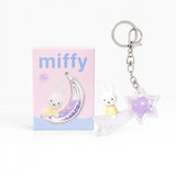 Rabbit and moon star keychain in clear acrylic with silver rings and purple charm