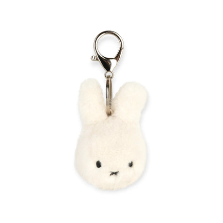 Fluffy white rabbit keychain with metal ring and embroidered face