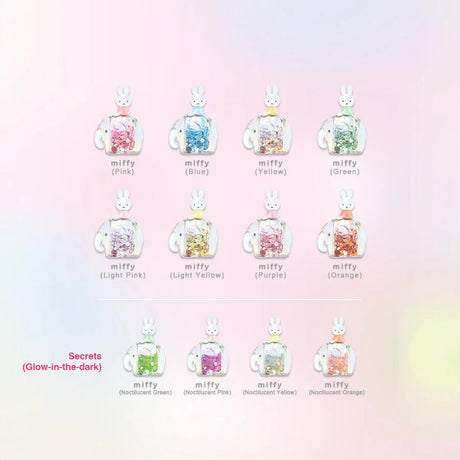 Twelve Miffy Elephant Snowglobe blind box figures with colorful beads including glow-in-the-dark secret variants on soft gradient backdrop