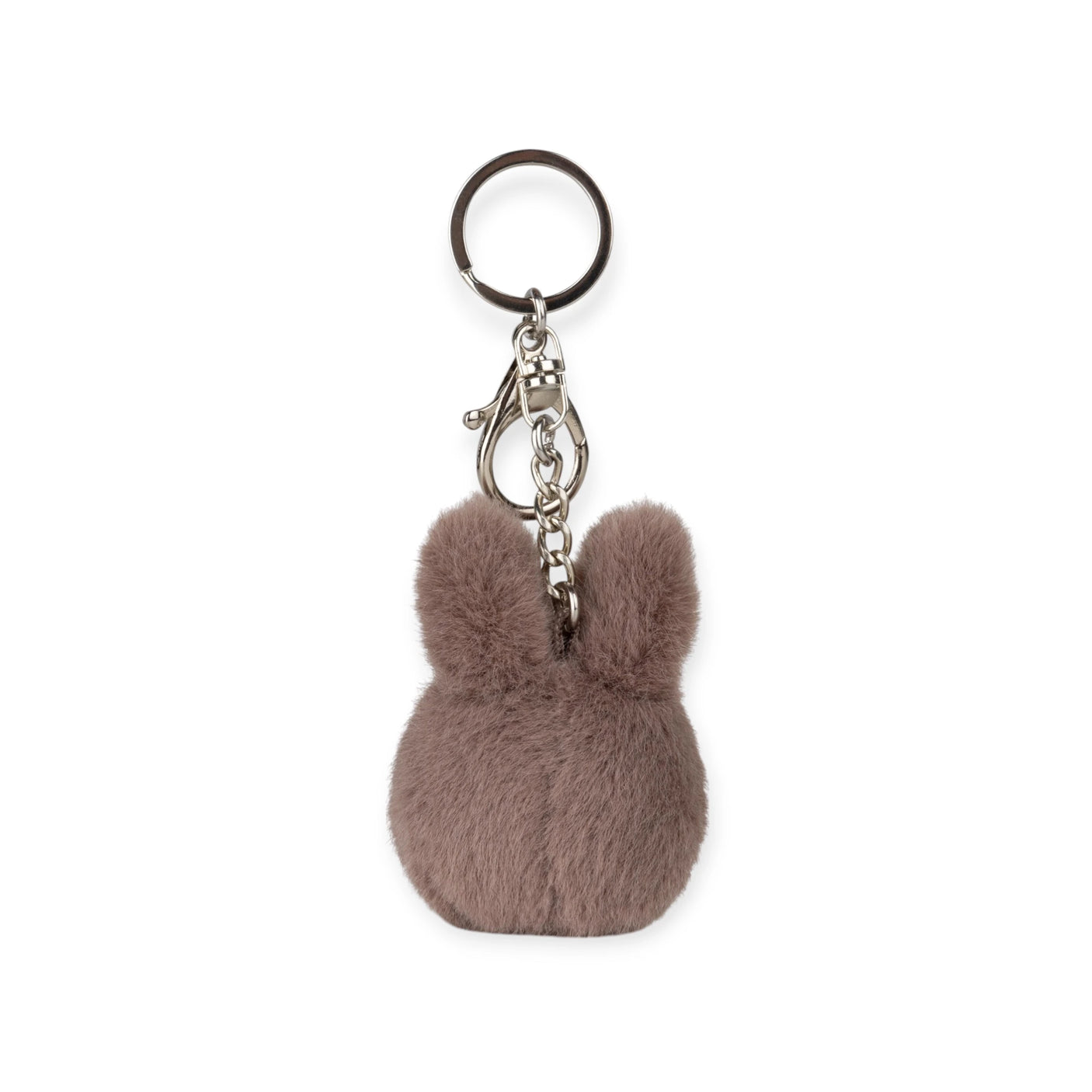 Introducing the Miffy Fuzzy Keychain - Taupe by Miffy: a adorable fluffy key accessory shaped like a bunny's head with ears, featuring a metal ring and clip, perfect for adding charm to your essentials!.