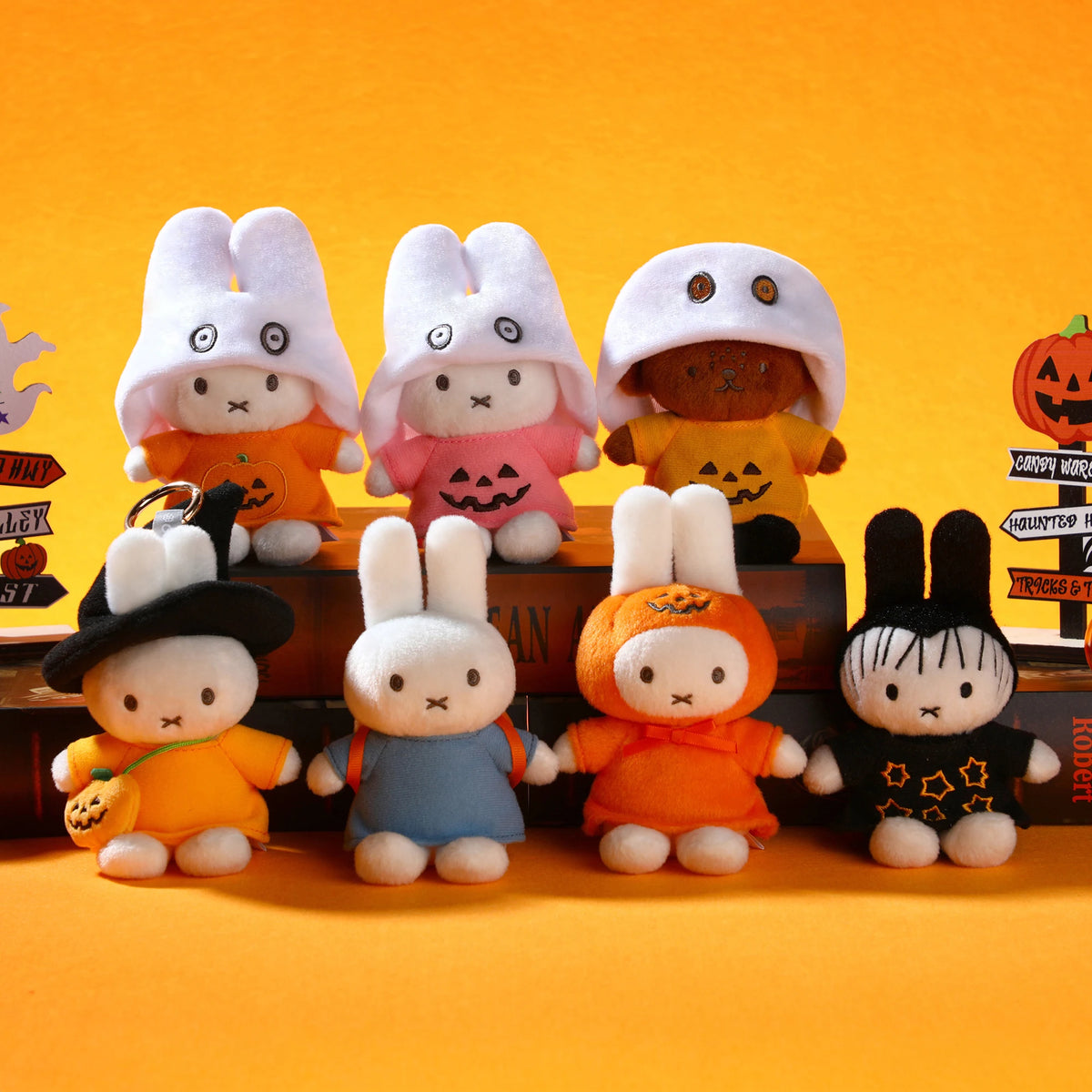 Set of Halloween plush keychains with assorted miffy costumes, including orange and black