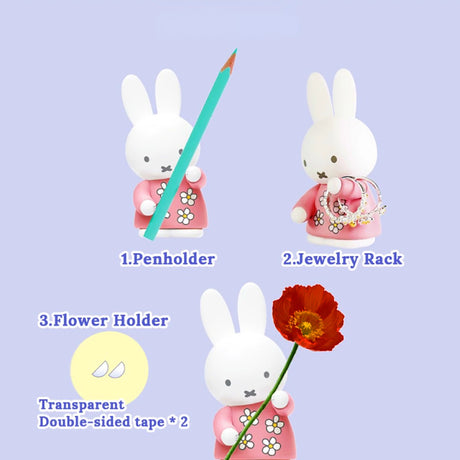 Three Miffy pen tray organisers in floral pink outfits shown holding a pencil, jewelry, and a flower with tape included