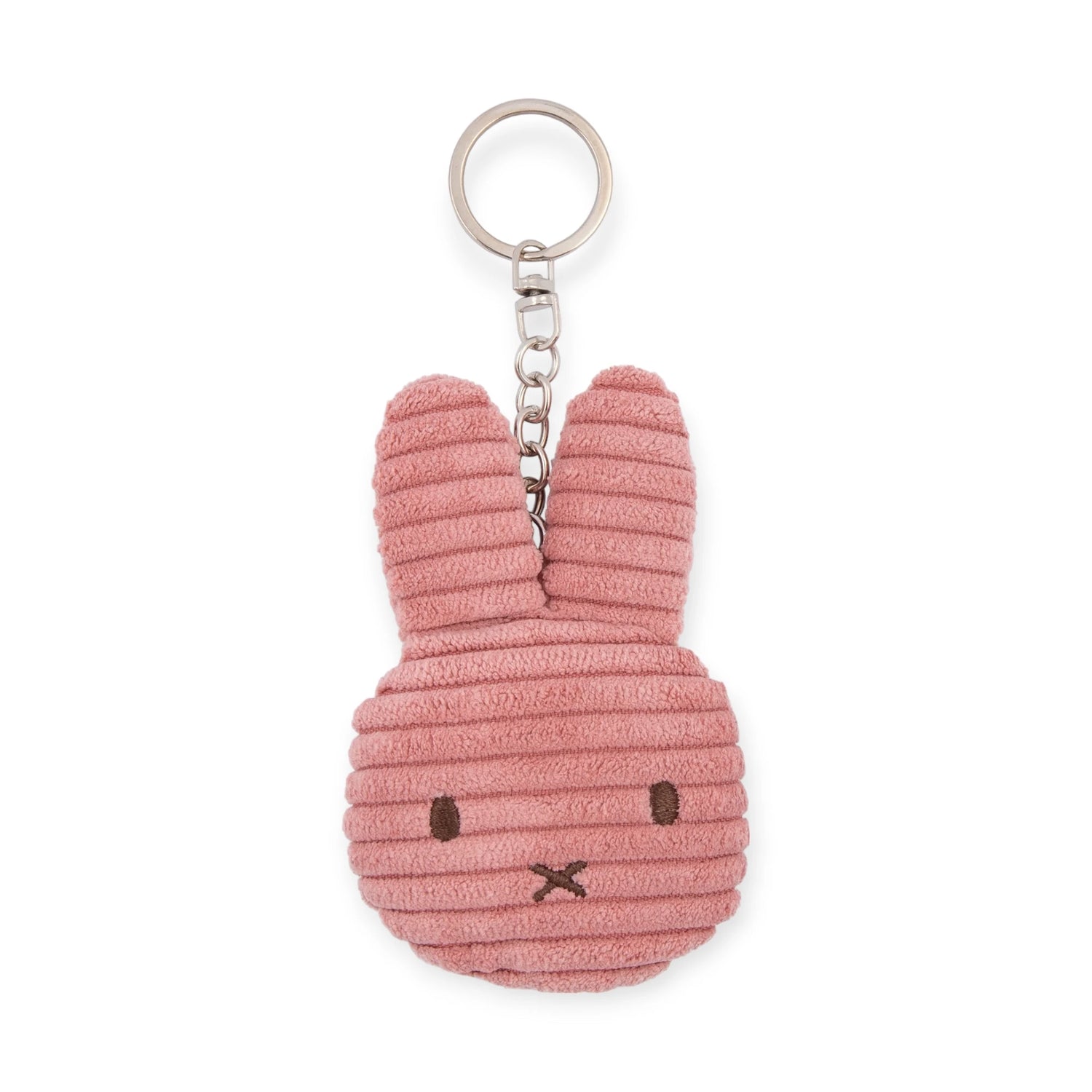 Off White Miffy Flat Corduroy Keychain features a bunny head shape with long ears, stitched facial details, and is attached to a metal key ring.