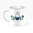 Ceramic mug with handle, white base, Miffy bunny and blue tulip graphic