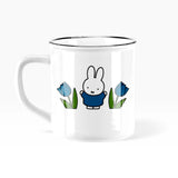 Ceramic mug with handle, white base, Miffy bunny and blue tulip graphic