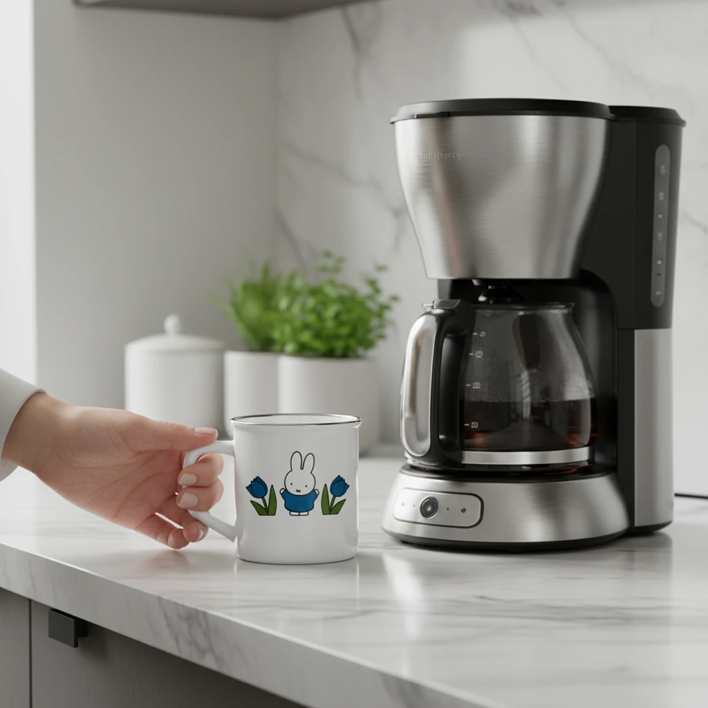White ceramic mug with Miffy and blue tulips, held by a hand
