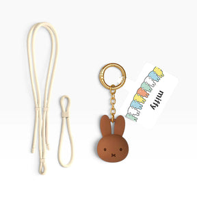 Cream Miffy phone lanyard cord with brown rabbit head keychain and card sleeve