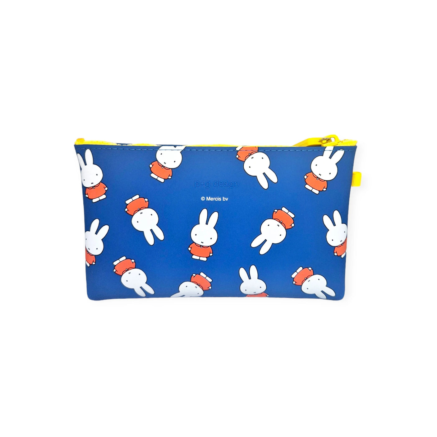 The Miffy Bunny Pattern Case 19cm, designed by the brand Miffy, is a silicone zipper pouch featuring a charming pattern of white cartoon rabbits dressed in red outfits, with a vibrant yellow zipper complementing its blue color.