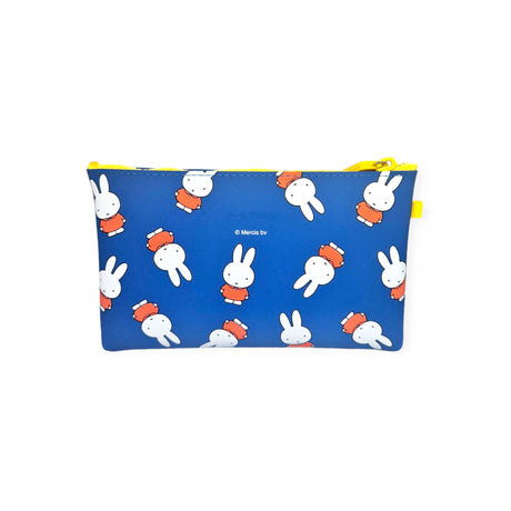 The Miffy Bunny Pattern Case 19cm, designed by the brand Miffy, is a silicone zipper pouch featuring a charming pattern of white cartoon rabbits dressed in red outfits, with a vibrant yellow zipper complementing its blue color.