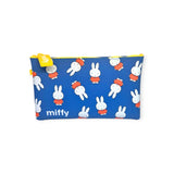 Miffy Bunny Pattern Case 19cm - A vibrant blue pouch adorned with a white cartoon-style Miffy Bunny wearing an orange outfit, highlighted by a yellow zipper and tag.