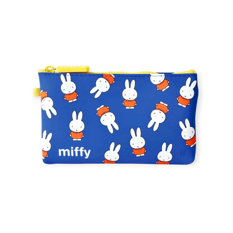 The Miffy Bunny Zipper Pouch 19cm - Blue is a versatile accessory with a blue exterior and yellow zipper, showcasing white cartoon rabbits in red attire on each side and featuring the "Miffy" text in white at the bottom left, ideal for organizing essentials.