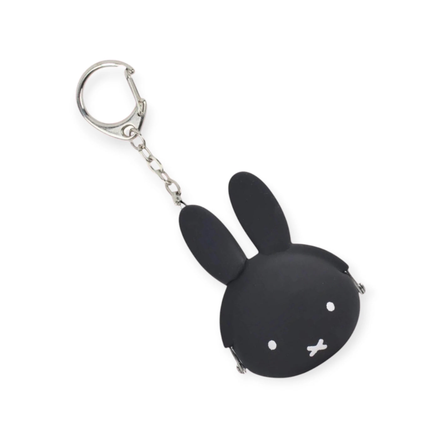 The Miffy Keychain Coin Pouch - Black, by Miffy, is a black bunny-shaped silicone purse with white eyes and mouth. It includes a metal chain and clasp for easy attachment.