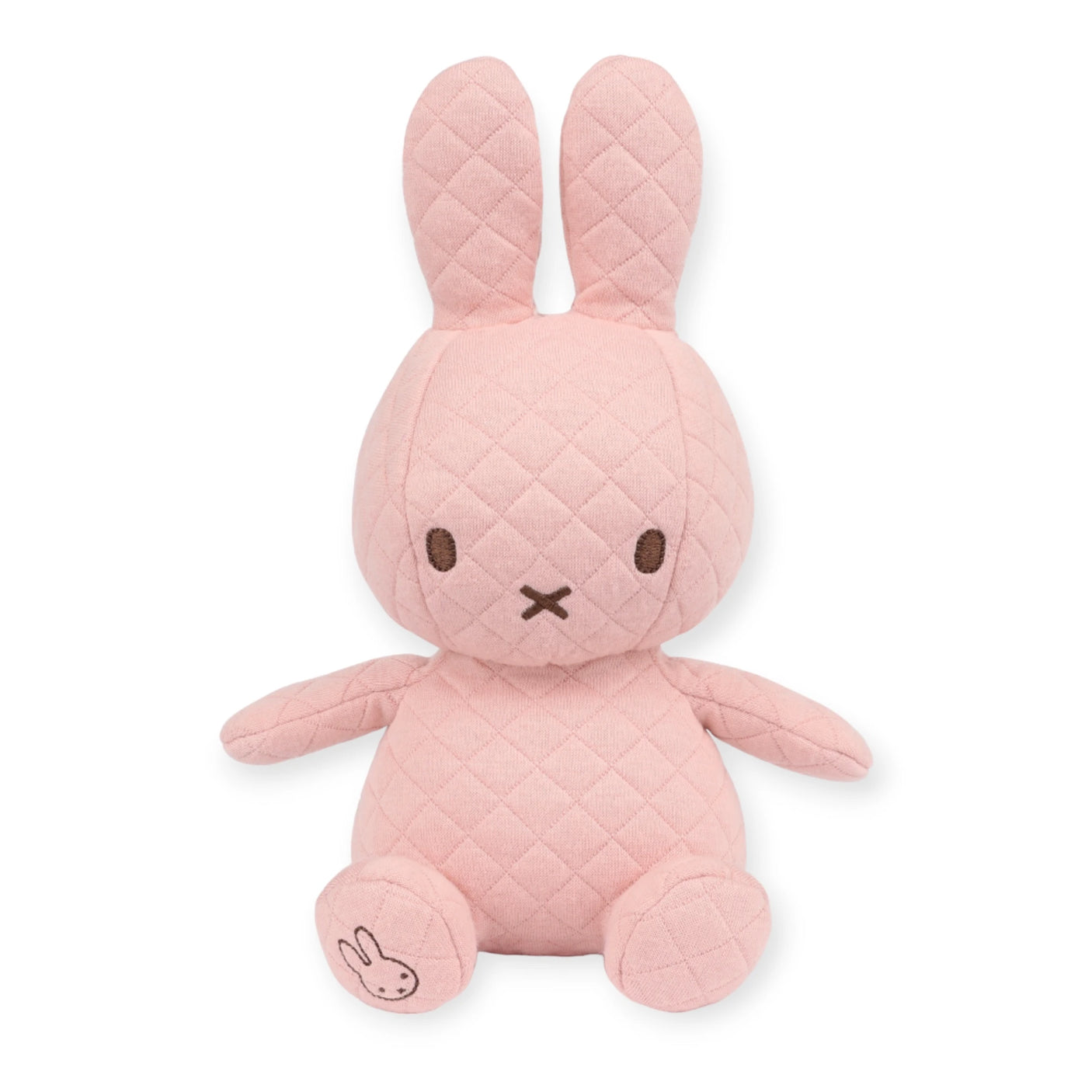 A Miffy Quilted Plush Gift Box - Pink 23cm, designed by Miffy, features a quilted pink plush toy rabbit with long ears and embroidered facial features, sitting upright against a plain white background.