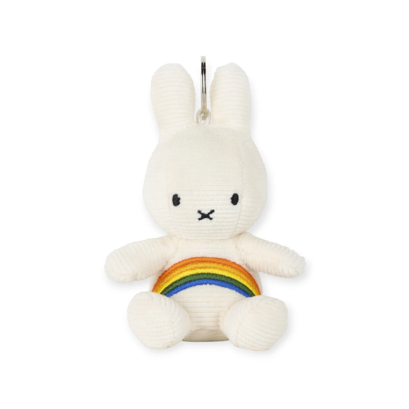 Introducing the Miffy Rainbow Plush Keychain: a 10cm white rabbit keychain from the Miffy brand, showcasing a charming rainbow design on its belly.