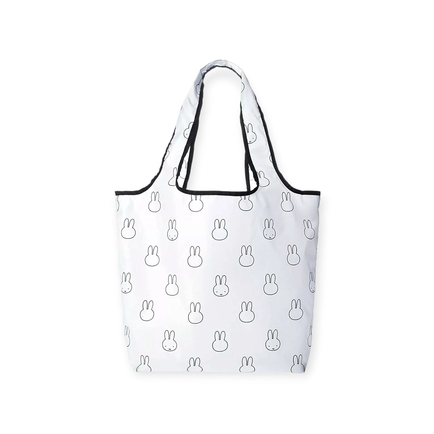 The Miffy Reusable Shopping Bag by Miffy is a lightweight, compact tote perfect for everyday use. It features a stylish pattern of simple black line bunny face drawings.