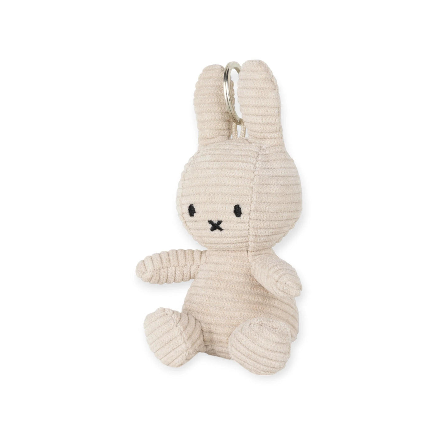 The Miffy Keychain Corduroy features a small, stone grey rabbit with stitched facial details and a metal ring attachment.