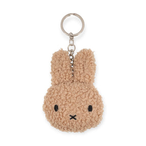 Beige terry plush bunny keychain with metal key ring and stitched face