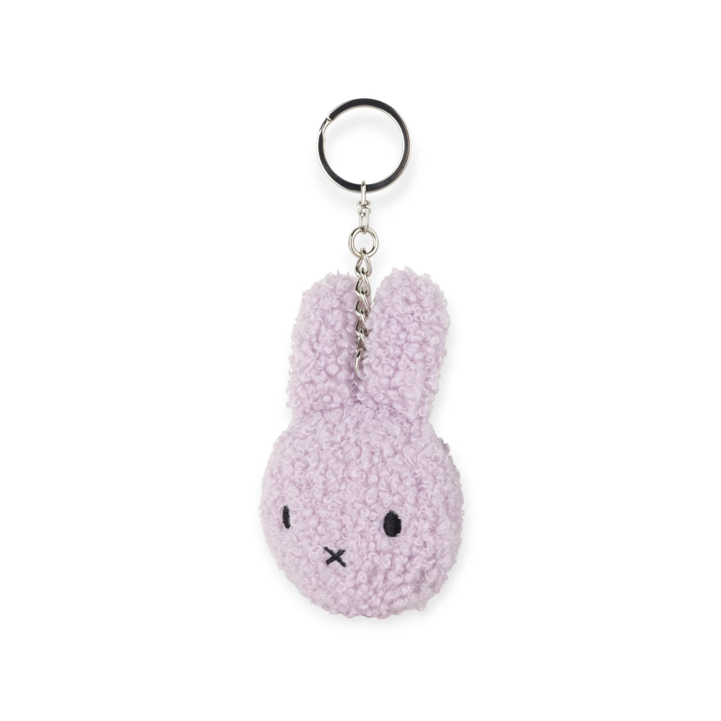 The Miffy Keychain Tiny Teddy Plush - Terry is an eco-friendly purple plush with floppy ears, a sturdy metal chain, and a circular ring, perfect for fans of charming collectibles or Miffy keychains.