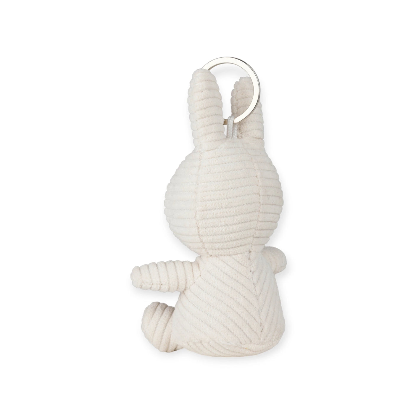 Explore the charm of a Miffy Plush Tulip Keychain in white, ribbed fabric. This 10cm bunny-shaped stuffed toy with a key ring on one ear is perfect for fans of personalized and whimsical accessories.