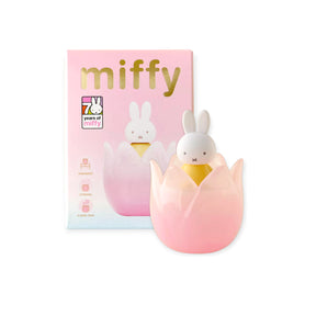 Miffy figure peeking from pastel pink tulip-shaped holder with matching packaging celebrating 70 years of Miffy
