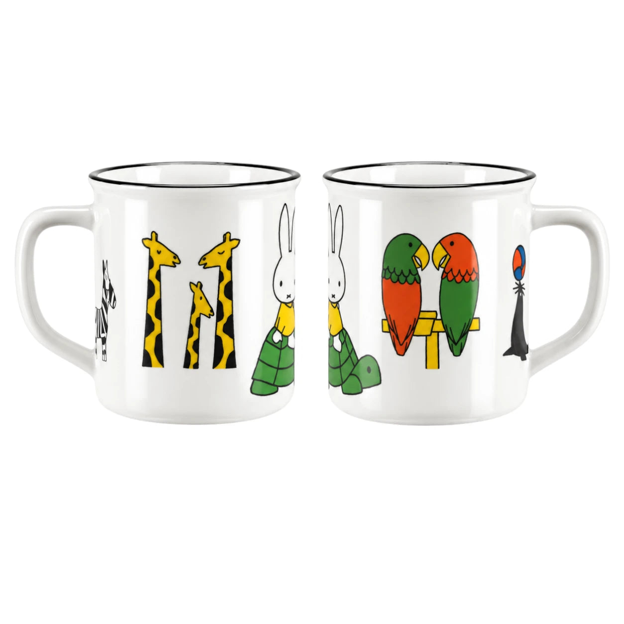 White ceramic mug with colorful animal illustrations, side handles and black rim