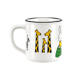 White ceramic mug with giraffe and rabbit animal illustrations, side handle and black rim
