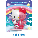 The Mighty Jaxx - Sanrio Snowy Dreams Blind Box features a Hello Kitty figure in a winter outfit holding a candy cane, set against a vibrant backdrop of trees, stars, and a rainbow. This enchanting scene from the Mighty Jaxx brand adds wonder to any collection.