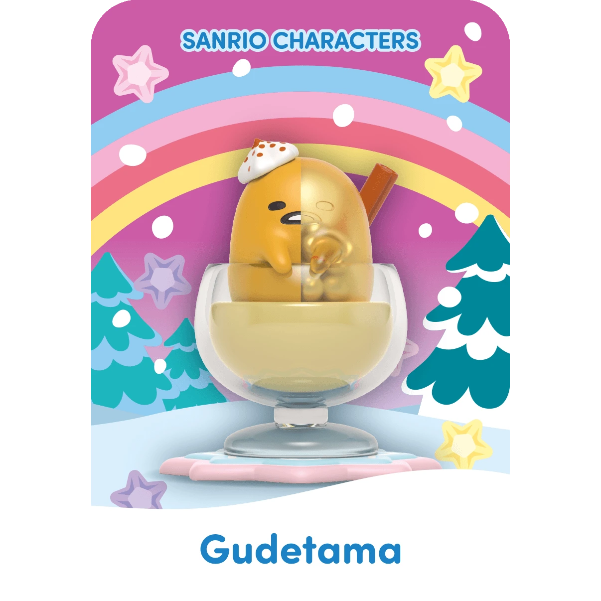 Gudetama lounges in a dessert cup against the vibrant Mighty Jaxx Sanrio Snowy Dreams backdrop, featuring stars, a rainbow, and trees. Each blind box from Mighty Jaxx reveals a unique mystery figure to join Gudetama's whimsical adventure.