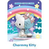 A cute figure of Charmmy Kitty, a Sanrio character by Mighty Jaxx, is nestled against stars, a rainbow, and trees from the Sanrio Snowy Dreams Blind Box collection. Each piece offers enchanting surprises wrapped in charm.
.