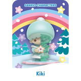 An illustration of Sanrio's Kiki holding a star with a rainbow and trees, capturing the magical essence of Mighty Jaxx's Sanrio Snowy Dreams Blind Box.