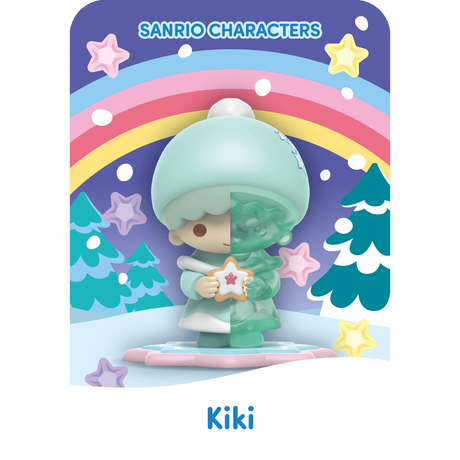 An illustration of Sanrio's Kiki holding a star with a rainbow and trees, capturing the magical essence of Mighty Jaxx's Sanrio Snowy Dreams Blind Box.