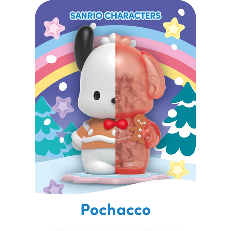 The Mighty Jaxx - Sanrio Snowy Dreams Blind Box features a whimsical Pochacco toy, half solid, half transparent, set against a colorful rainbow and stars backdrop with trees, capturing the essence of the Sanrio Snowy Dreams collection.