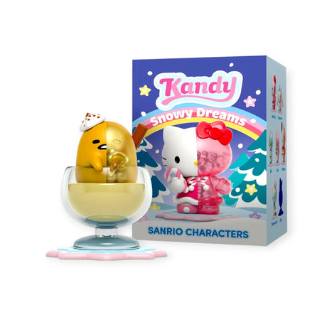 Toy figures of Gudetama in a glass and Hello Kitty in a winter outfit sit beside the vibrant Mighty Jaxx - Sanrio Snowy Dreams Blind Box. Unwrap the mystery to enhance your collection with even more delightful Sanrio charm.