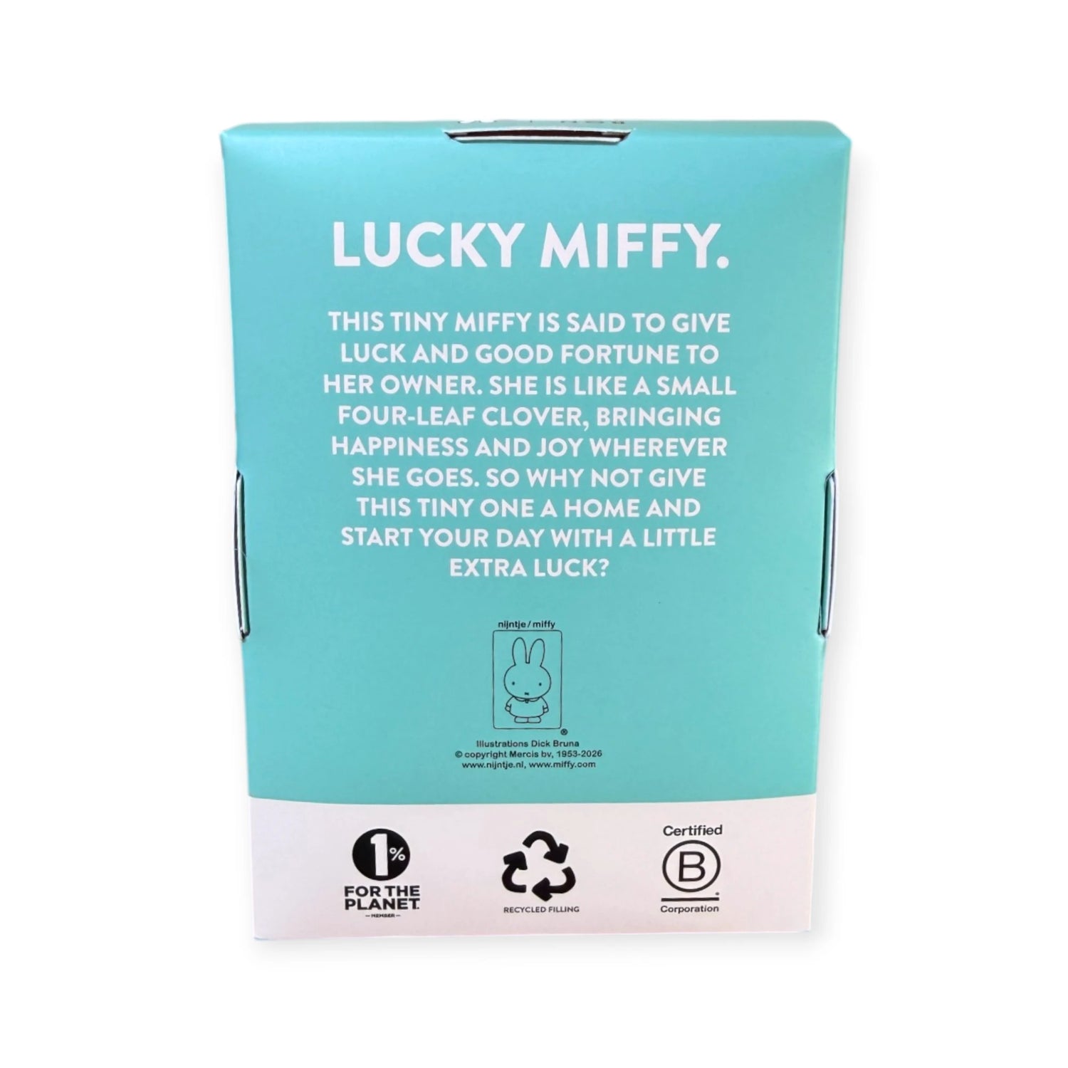 Lucky mini miffy gift box front with turquoise poem panel and recycling icons