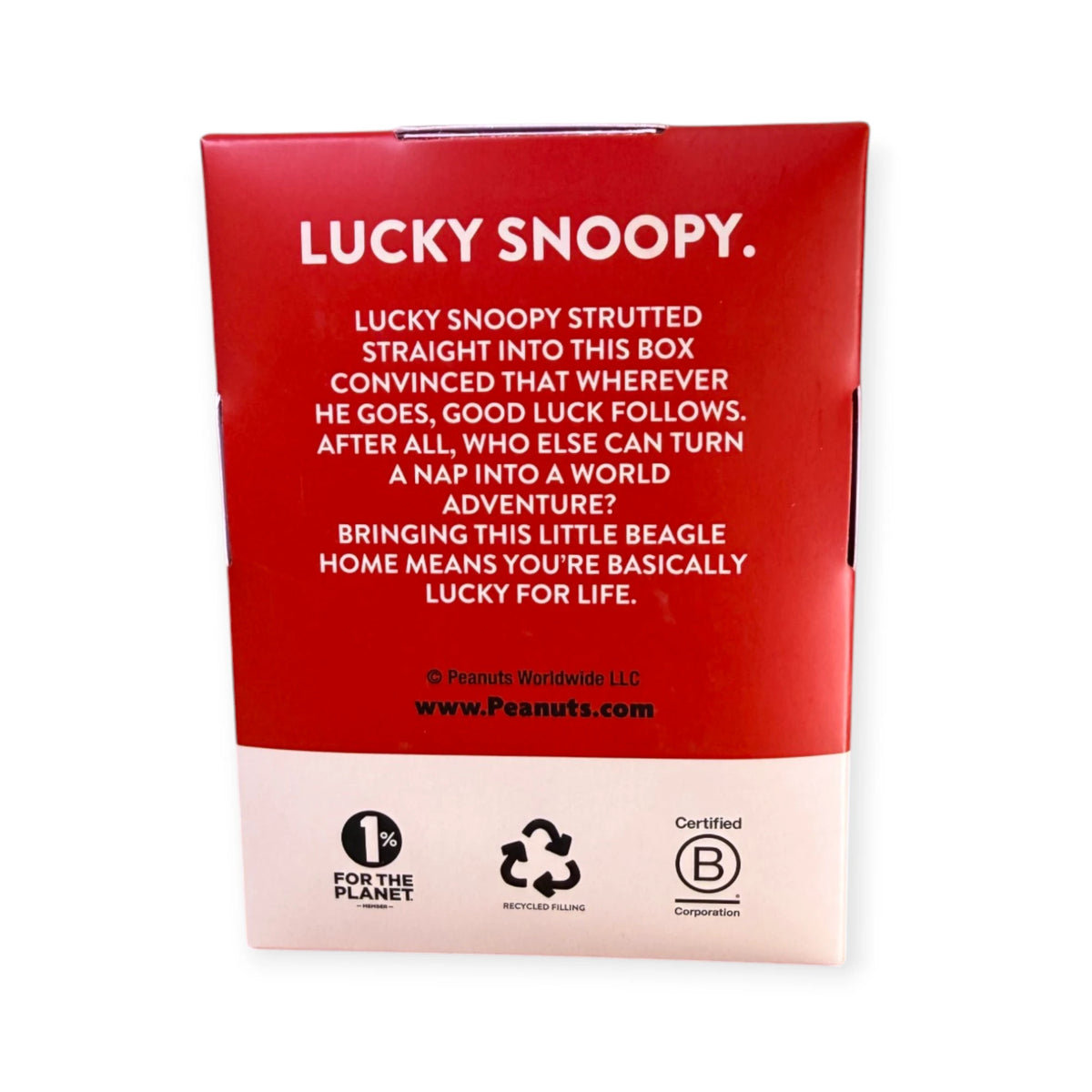 Red Lucky Snoopy gift box with text panel and planet-friendly recycling symbols