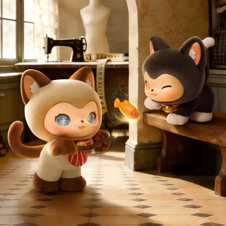 Moffy's Tailoring Shop - Magic Furry Mewky Blind Box showing two plush Mewky characters playing with a glowing fish in a vintage room by Mewky