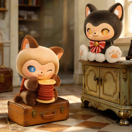 Moffy's Tailoring Shop - Magic Furry Mewky Blind Box showing two plush characters by Mewky in a cozy vintage setting