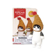 A small cat figurine adorned with a shrimp hat is displayed in front of its packaging, which features instructions about the potential choking hazard and reflects the charm of the Fried Shrimp Cat theme from the Mofusand Premium Blind Box collection.