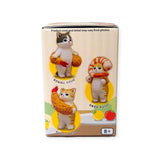 Introducing the Mofusand Premium - Fried Shrimp Cat Blind Box: a charming assortment of three cartoon cat figurines, each dressed as their favorite food. As part of the Fried Shrimp Series, every box is decorated with whimsical text and bright yellow circles. Suitable for ages 8 and up!