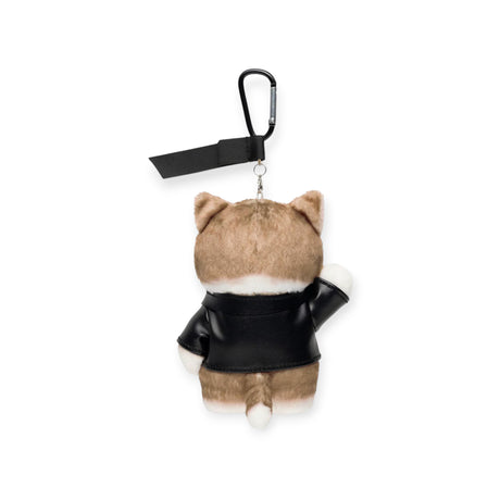 Back view of Mofusand plush cat keychain wearing black leather jacket with clip on white background