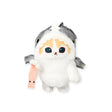 White and gray plush bag charm cat with orange face pattern and stitched eyes