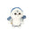 White plush bag charm cat with dark eyes and light blue hood and accents