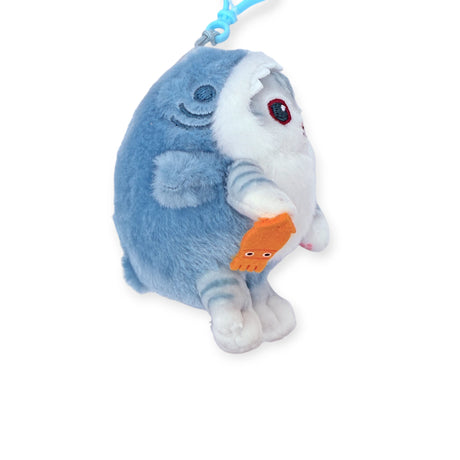 The Mofusand Shark Nyan Bag Charm by Mofusand features a plush blue and white shark holding an orange fish—an adorable accessory for your backpack or purse.