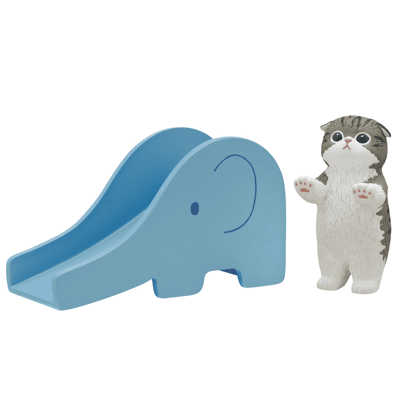 A small blue elephant-shaped slide beside an upright cat figurine evokes the charming imagery found in the Mofusand Premium Blind Box - Cats on Slides collection.