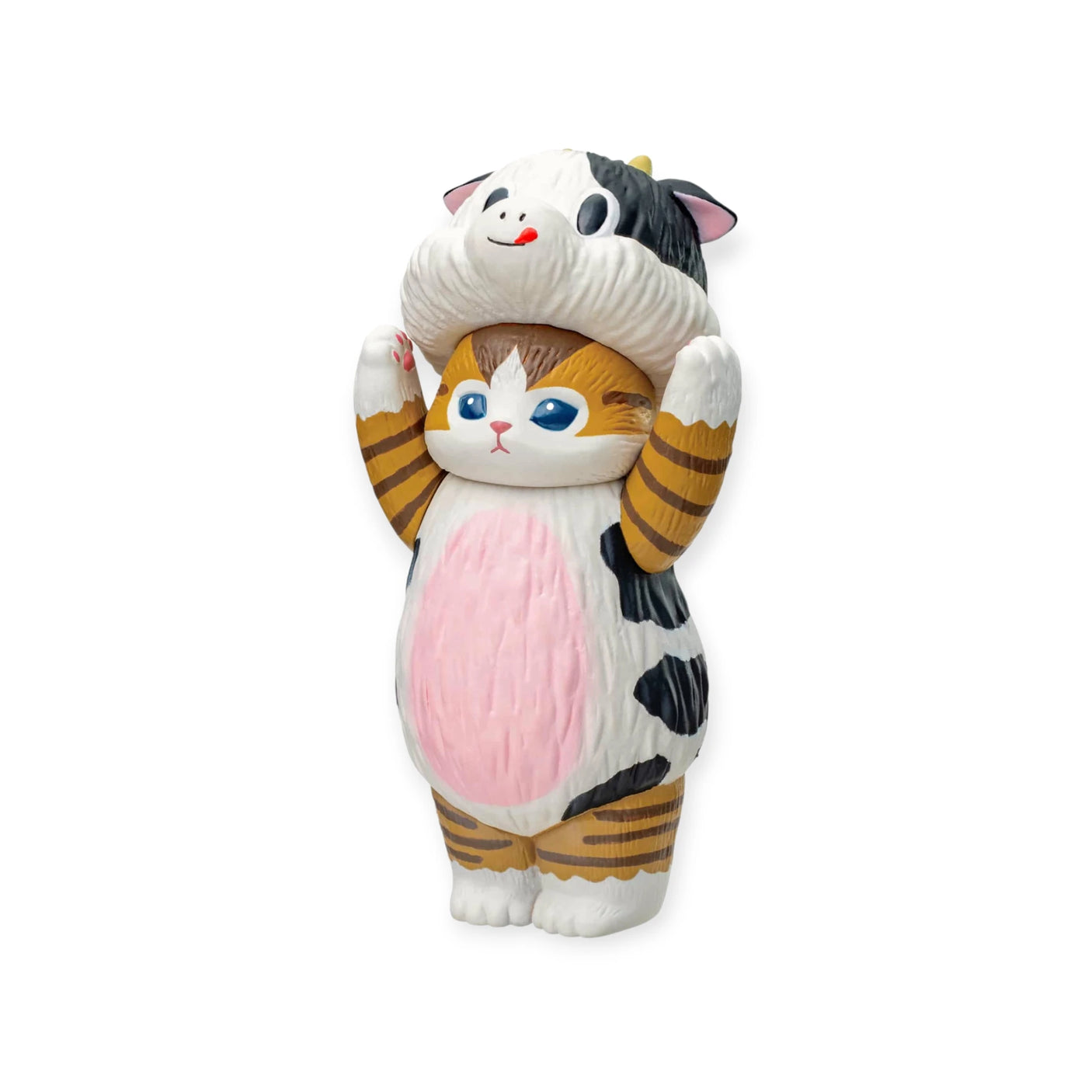 Explore the Mofusand Premium - 8cm Adjustable Cat Blind Box, featuring an adorable cat figurine playfully dressed in a cow costume with paws raised. Ideal as an adjustable cat figure or a surprise addition to your blind box collection.