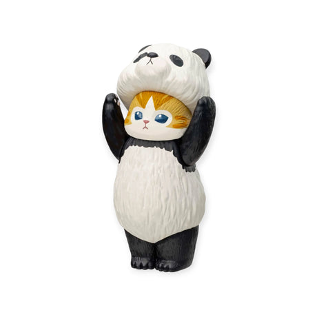 This delightful Mofusand Premium 8cm Adjustable Cat Blind Box figurine features a cat dressed in a panda suit, posing endearingly with its arms raised.