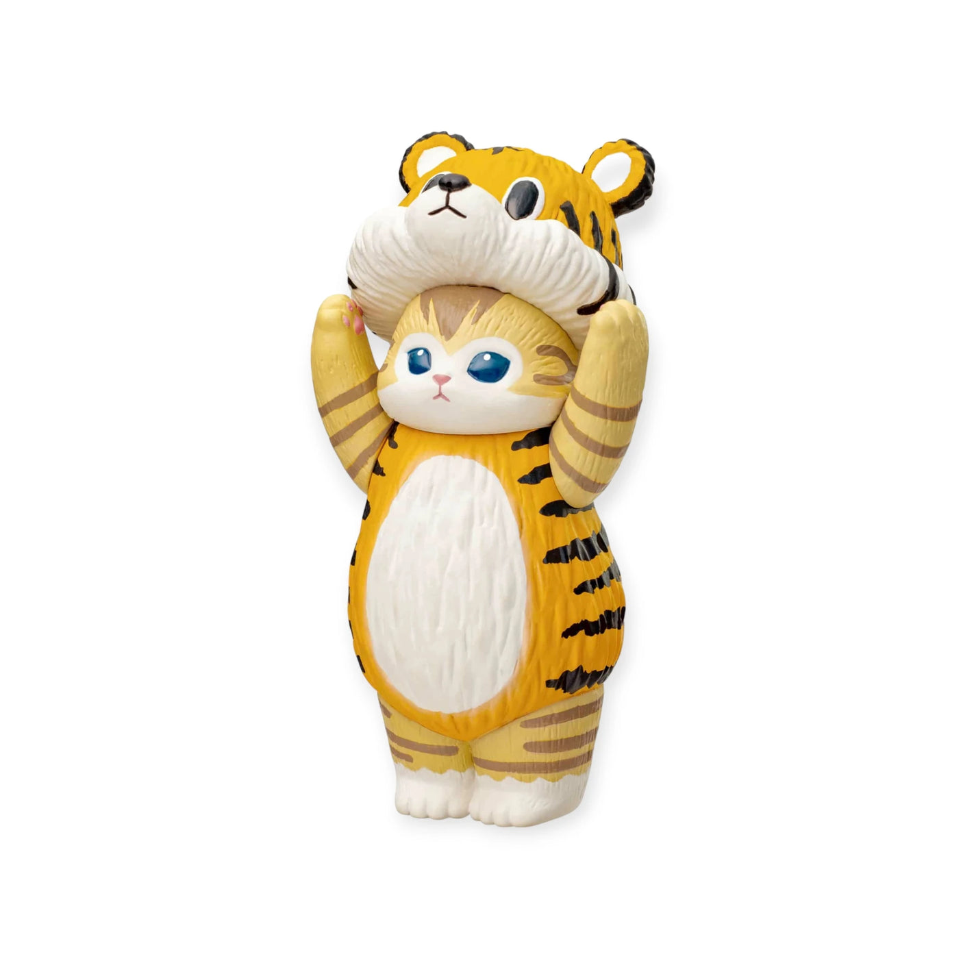 A Mofusand Premium - 8cm Adjustable Cat Blind Box showcasing a charming cat in a tiger costume with its paws playfully raised, making it an adorable addition to your collection.