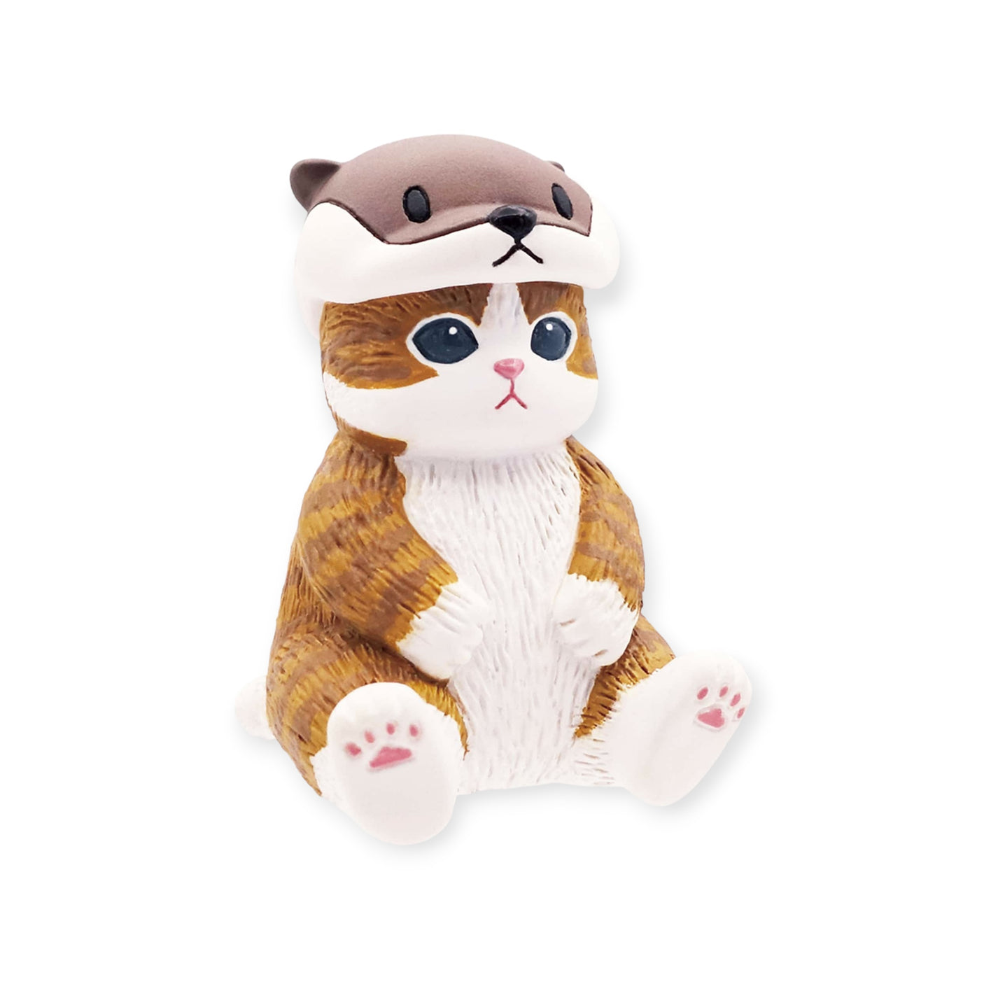 The Mofusand Premium - Aquarium Cat Blind Box from the Mofusand brand showcases a delightful brown and white "Aquarium Cat" wearing a cute otter hat, sitting upright with a blank expression.