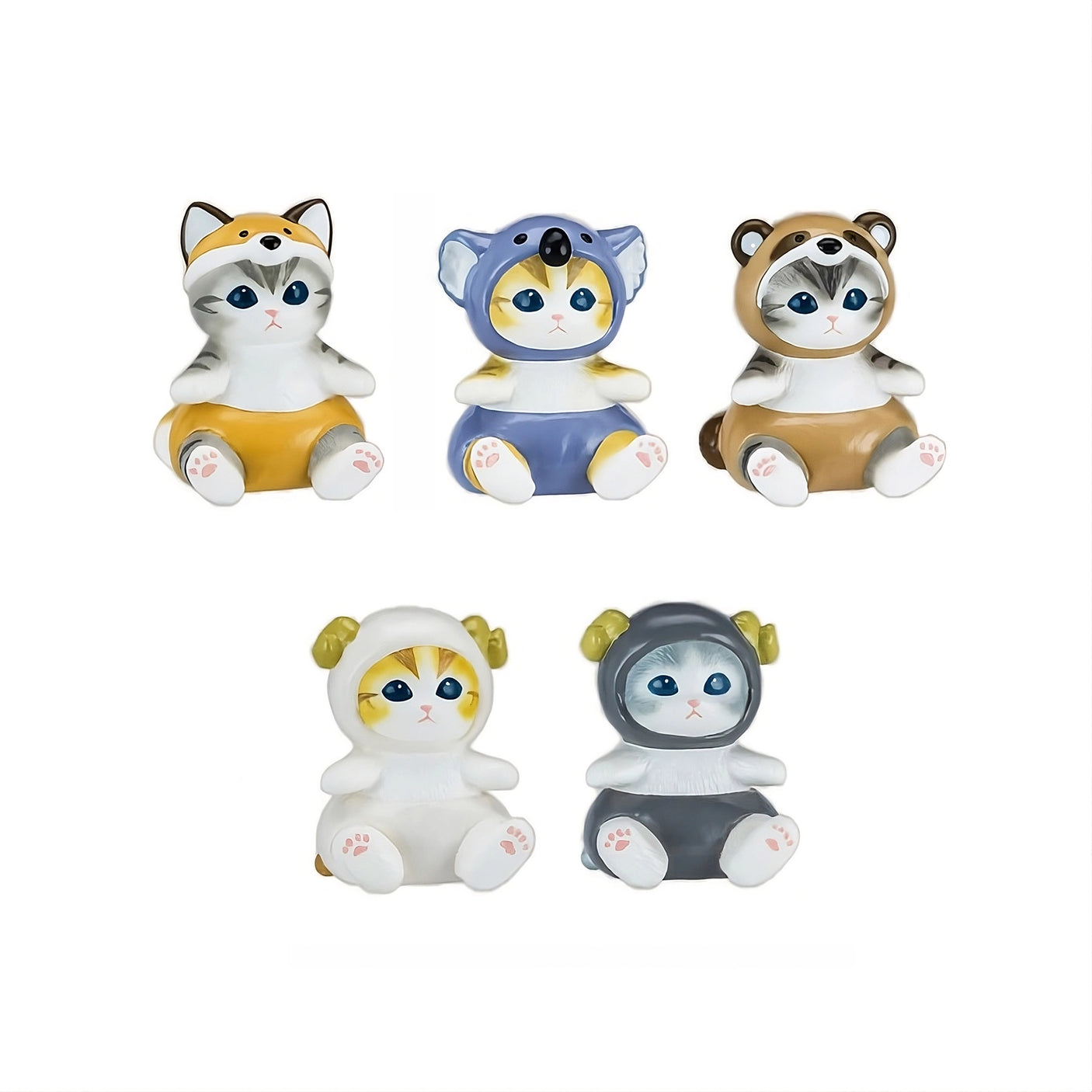 Five charming mini figurines from Mofusand's Vol 4 (Orange) series are dressed as a fox, koala, raccoon, sheep, and ram. Displayed against a white background, these delightful pieces come in the Mofusand Mini Figure Blind Box for a fun surprise element!