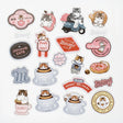 Cat donut and coffee sticker set with assorted shapes, including circles and food labels